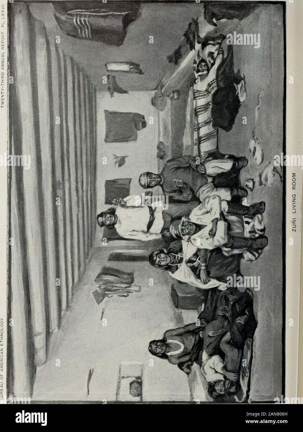 Annual report of the Bureau of ethnology to the secretary of the Smithsonian Institution .. . ats, and sleeps, and where guests are entertained. When theroom is required for the use of some fraternity, the family adjournsto other quarters, moving all its belongings. In this room the familywardrobe hangs on a pole suspended from the rafters. The more val-uable things, especially the ceremonial paraphernalia, are carefullywrapped and deposited in the storage rooms. As a rule the mills forgrinding meal are set up in the general living room. They consist ofthree or more slabs of stone, of differen Stock Photo
