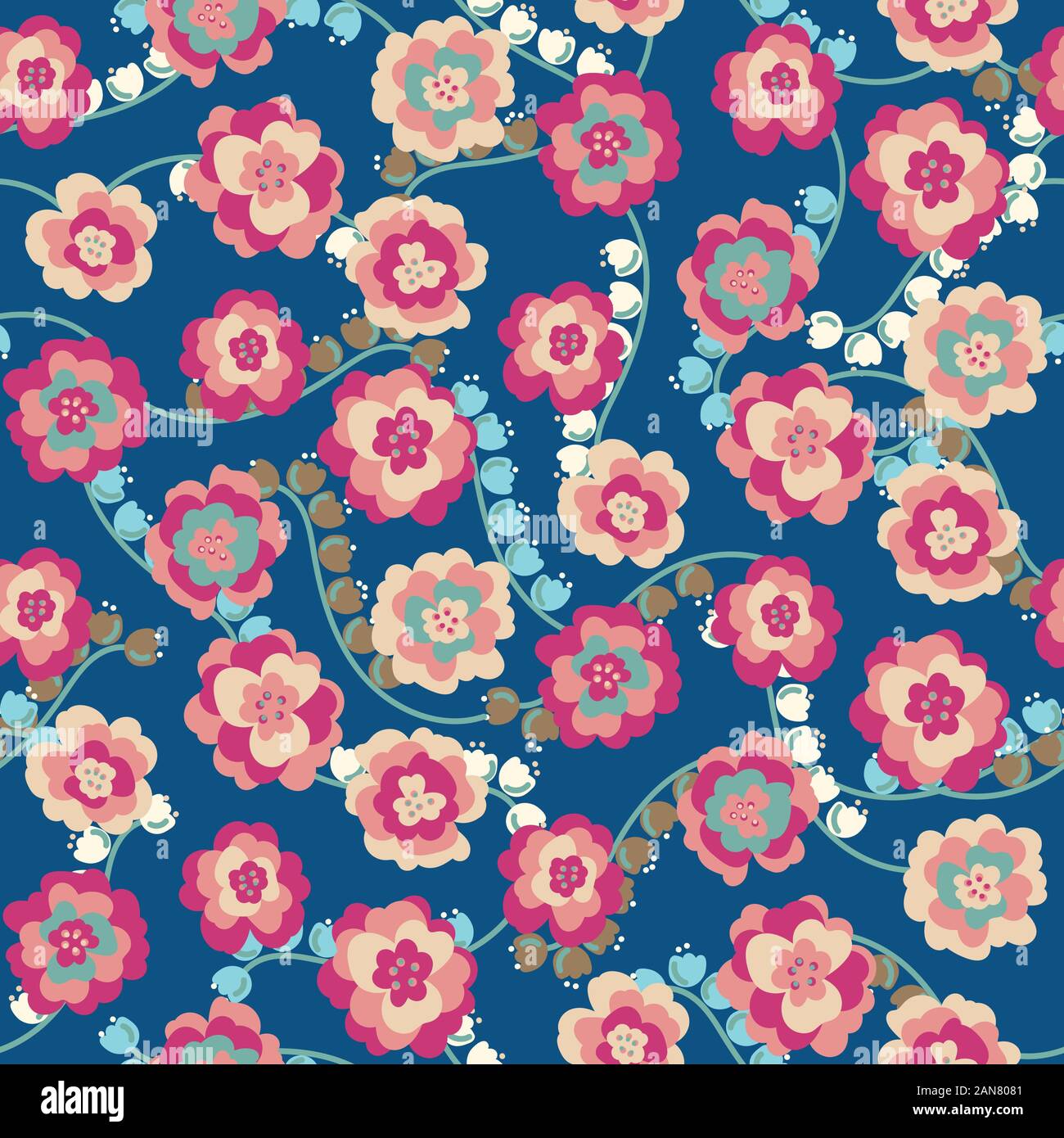 bright peony and lily of the valley flowers on a classic blue background seamless vector pattern Stock Vector