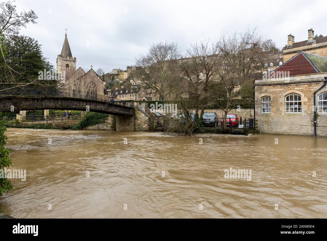 The swollen River Avon in Bradford on Avon, Wiltshire, UK on the 16th January 2020, England, UK Stock Photo