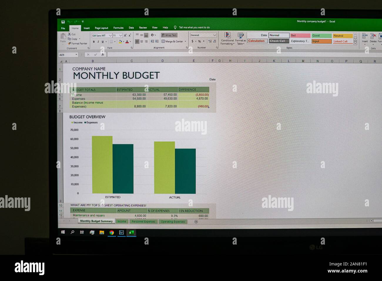 MIcrosoft office excel application, home menu on device screen ...