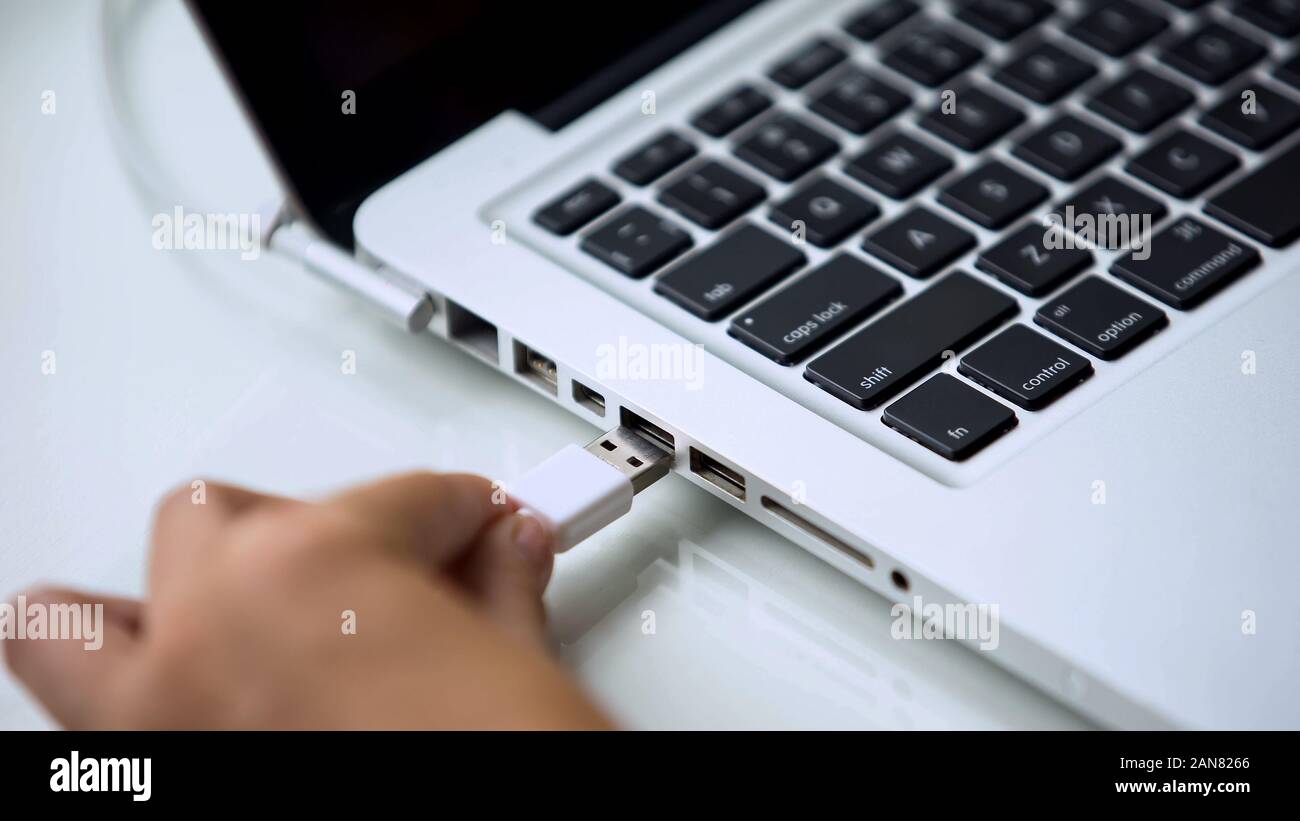 Hand connecting usb hard drive to laptop, modern personal computer ...