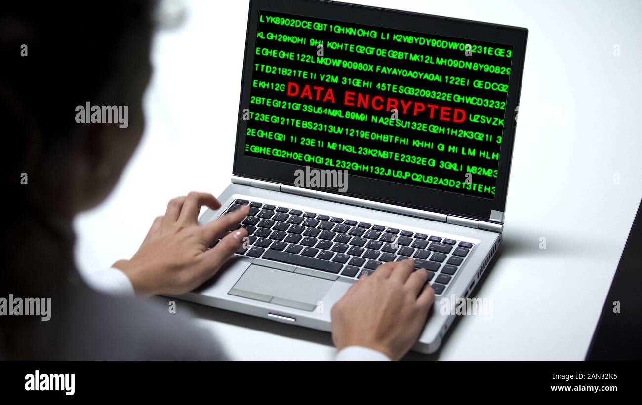 Data encrypted on laptop computer, woman working in office, cybercrime, close up Stock Photo