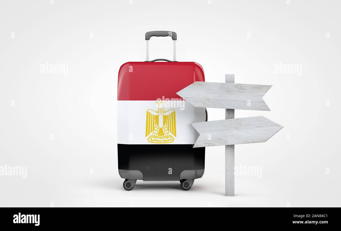 Egypt flag travel suitcase with wooden guide signpost. 3D Render Stock