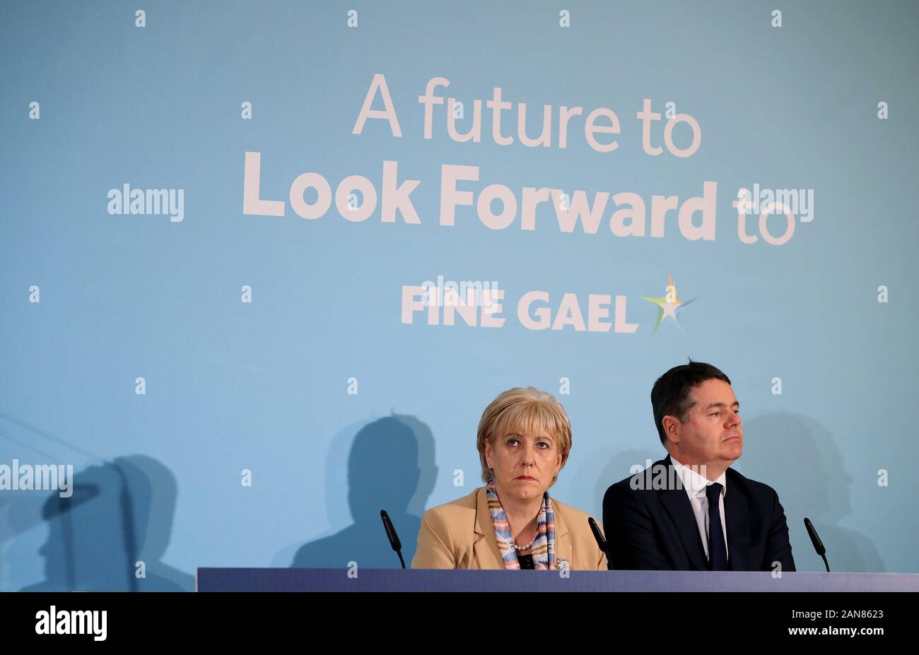 Minister for Finance Paschal Donohoe (right) and Minister for Business, Enterprise, and Innovation Heather Humphreys at a Fine Gael press conference to launch their economic plan at the Fine Gael media centre in Dublin. Stock Photo
