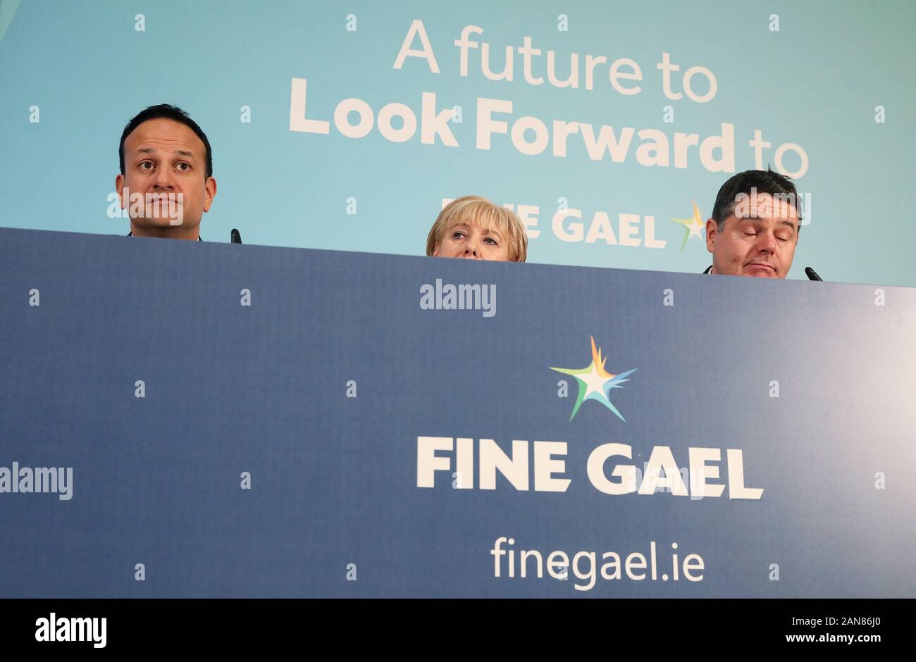 An Taoiseach Leo Varadkar (left), Minister for Finance Paschal Donohoe (right) and Minister for Business, Enterprise, and Innovation Heather Humphreys at a Fine Gael press conference to launch their economic plan at the Fine Gael media centre in Dublin. Stock Photo