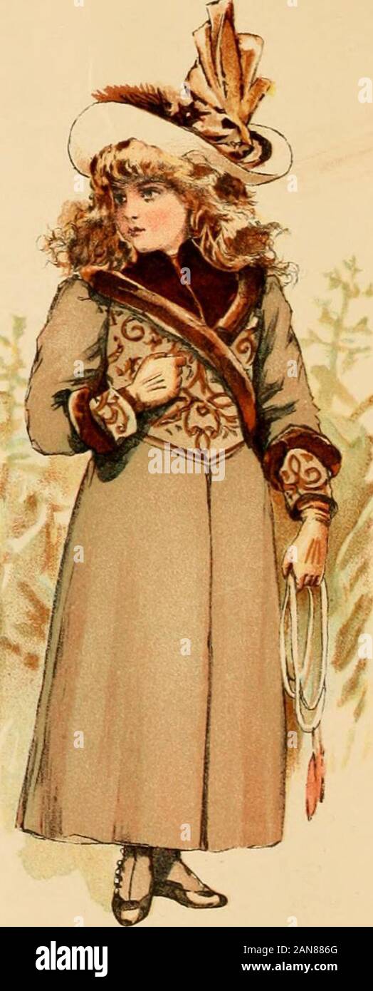 Catalogue : fall and winter 1891. . o*« 3. Hal 345. Cloak U4. Hat 346. Cloak 145. Hat 34i PRICE & DESCRIPTION-See opposite page.• OUH TRADE MARK in EVERY GARMENT is a LASTING GUARANTEE for FIRST-CLASS MATERIAL, SUPERIOR WORKMANSHIP, PERFECT FIT and EXCLUSIVE DESIGN. When Ordering Please Mention Style Number, Description, Bust Measure, Age and Price 145 DESCRIPTION Stylish Grey and White Chevron Cheviot, short waistedCloak, shirred at waist. Yoke embroidered m GreySilk on white ground, trimmed in Grey, small^t cur)Krimmer Russian Collar and bands on Sleeve . In Garnet Lambs Wool, embroidered in Stock Photo