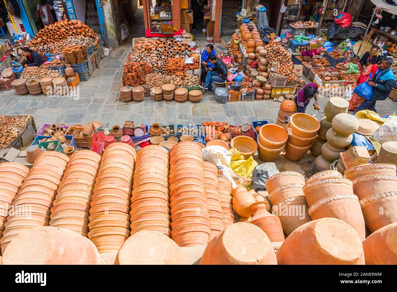 Pottery on sale in the streets of Kathmandu, Nepal Stock Photo