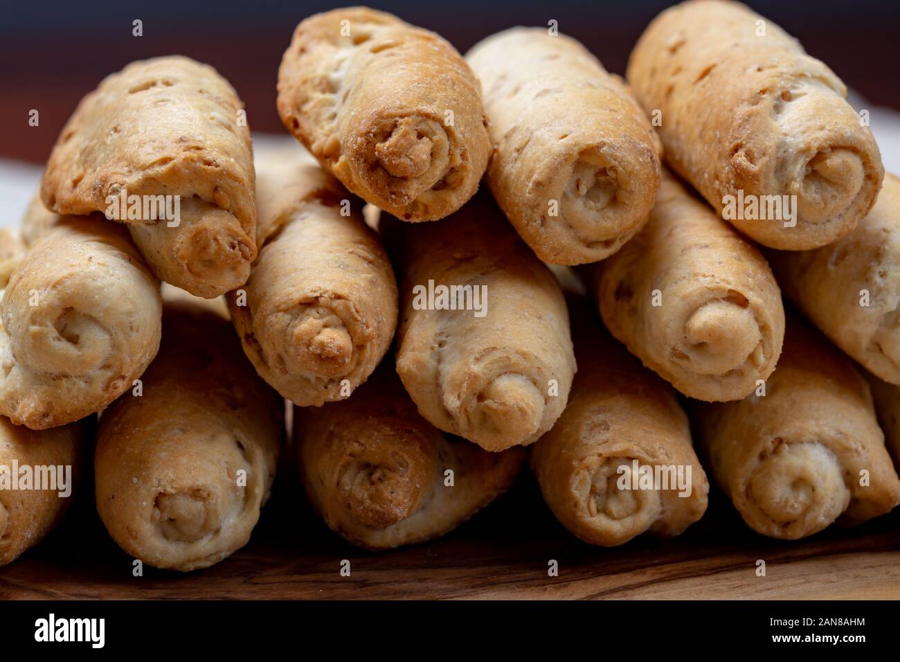 Small italian bread rolls crostini made from wheat dough with sesame close up Stock Photo