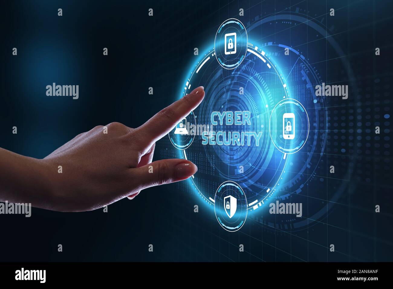 Business, technology, internet and networking concept. Young businessman select the icon Cyber security on the virtual display. Stock Photo