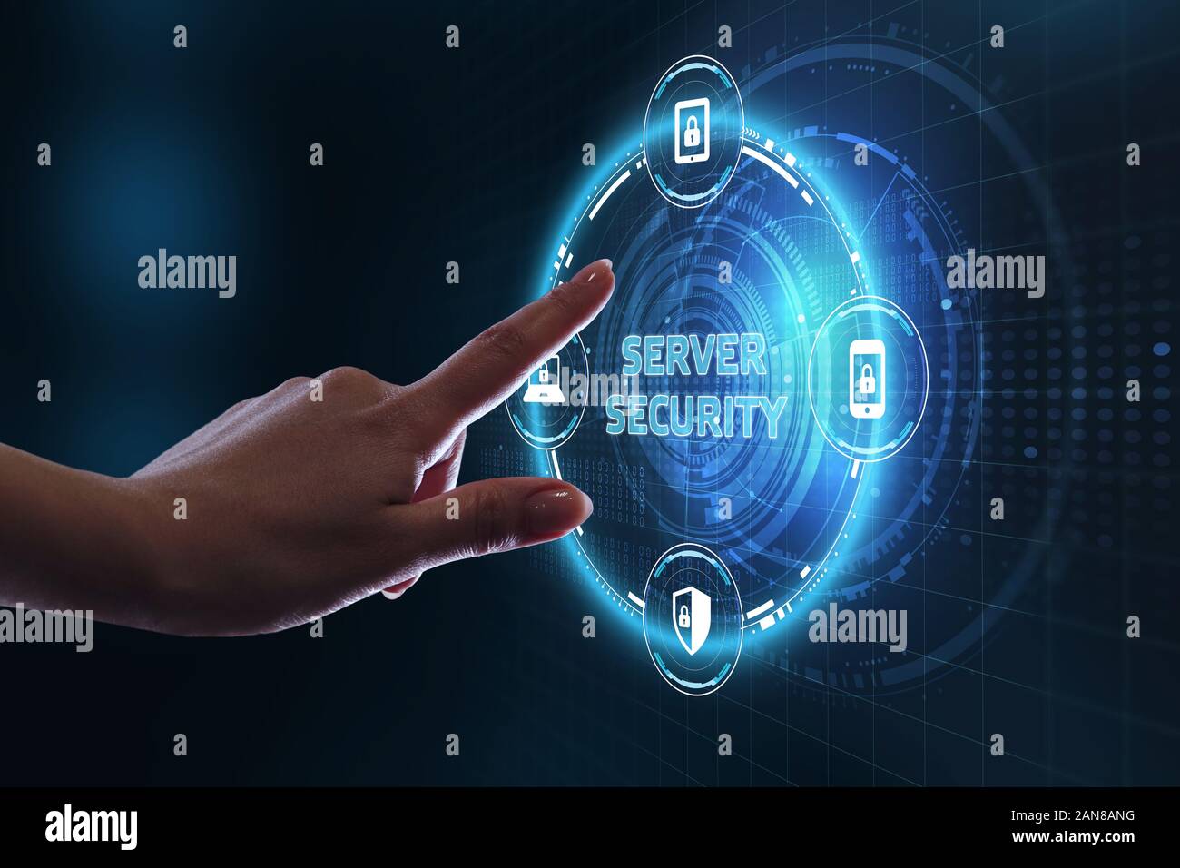 Business, technology, internet and networking concept. Young businessman select the icon Server security  on the virtual display. Stock Photo