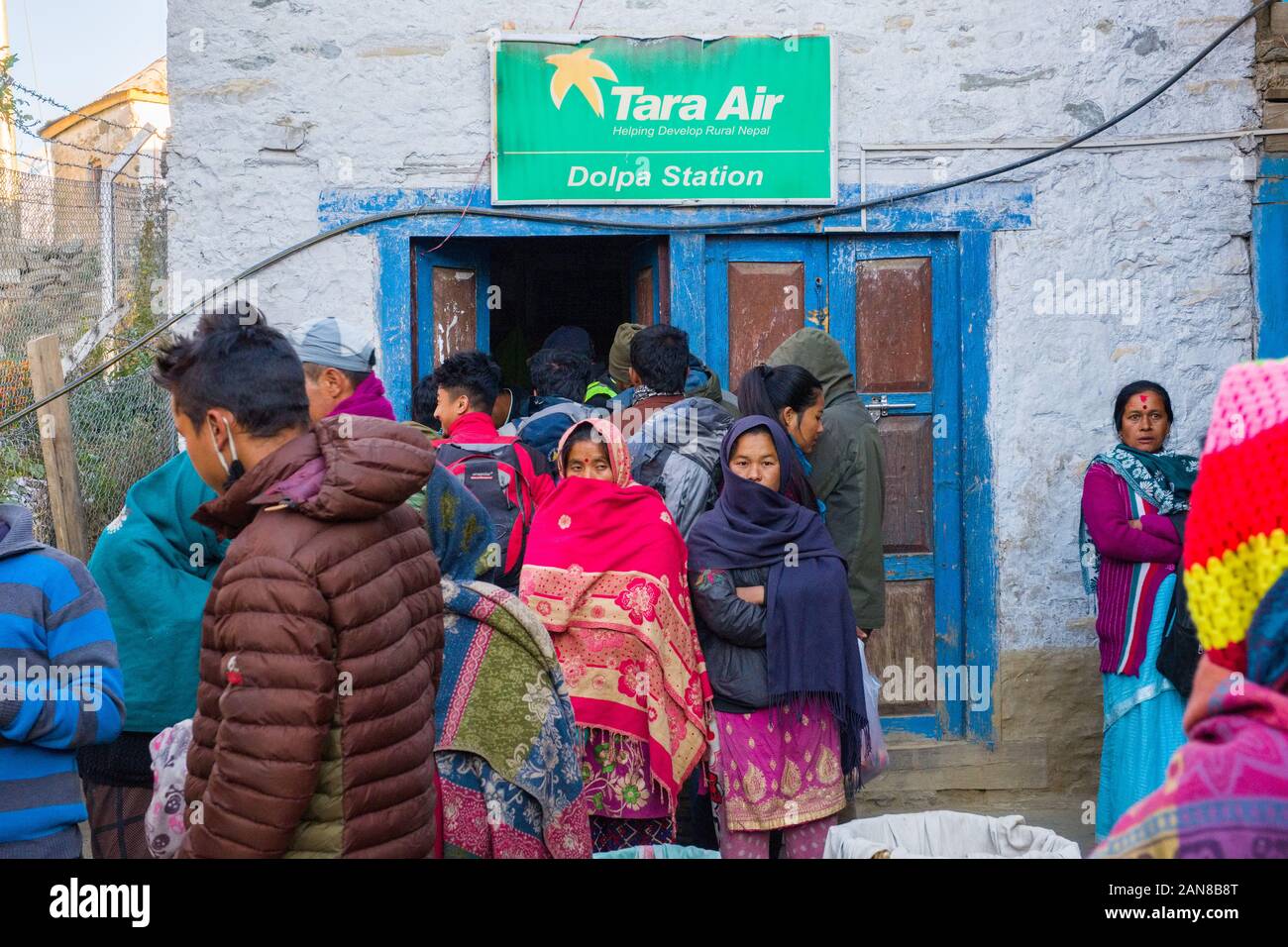 Nepalese people at The airport office at Jupal in Dolpo, Nepal Stock Photo