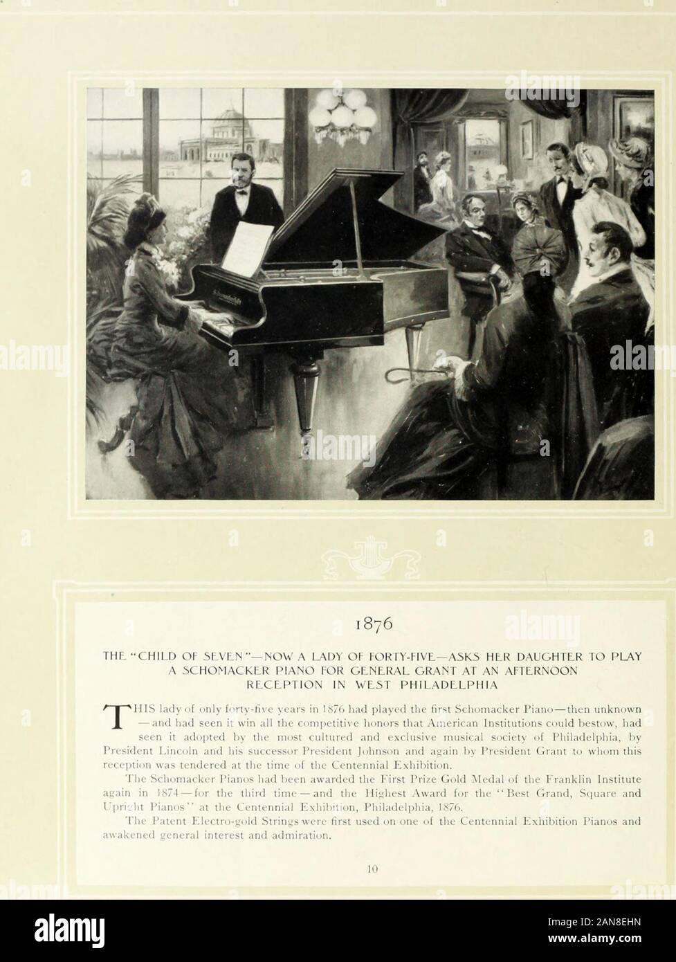 Catalogue of Schomacker grand and upright pianos and the Schomacker Angelopian player-piano . PIANO AT THL WHITL HOU5L FOR PRL5IDLNT LINCOLN THE vrars fn.m 1 s5s to lN&lt;o s.vvv imt ..nlv tlu- m. .st moiiu-ntous in tlic [...litirai liistxrv nf .,urr.mntr l.ui ^1 rxtr.,-nln,.,rx imp, iftati, .- in ilu- ,lcvc-l(.pment ..f musical interest an.rniusical Mans cnii-rtinns unv in tl.r field u h,, ,l)alli-n^c. I tlie sn|-ivniac v , .f tlu- plan., which vv,.u suchconspicuous honors in 1S4.=;, 1S4,S, 1S5J and 1 S.SS, hut thr S, lio,,iae,h .l the o, t.ejon, aud the hirue. Square register and amplitied Stock Photo