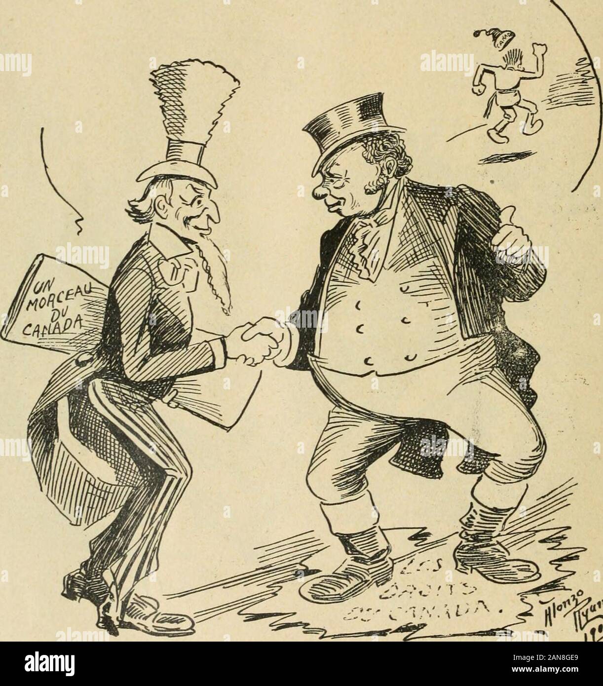 Caricature politique au Canada = Free lance political caricature in Canada . m/^o/ X/Z / s K A JTJDICIAL ARBITRATIOjST. Johnny Canuck -Hang- on John.-and we wlll pull Wm from herc to the Hague ! 36 CARICATURE POLITIQUE Consummatum est Oncle Sam.—Adieu, John. John Bull.—Non pas adieu, mais au revoir. Surtout noubliez pas de venirde temps en temps goûter de la cuisine de mon fils, le Canada.Oncle Sam.—En ami... nest-ce pas.. John Bull.—Comme toujours.. &gt;f% Judicial Arbitration. JciHN Bull.—Good bye Sam,—and, Oh,—by the way,—if you see anything elsebelonging to that Canuck that you think you Stock Photo