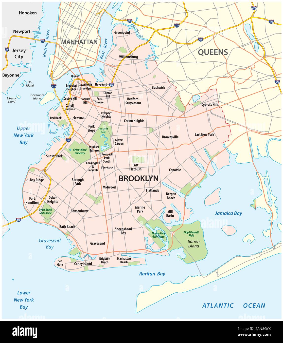 Map of the roads and neighborhoods of new york borough brooklyn Stock Vector