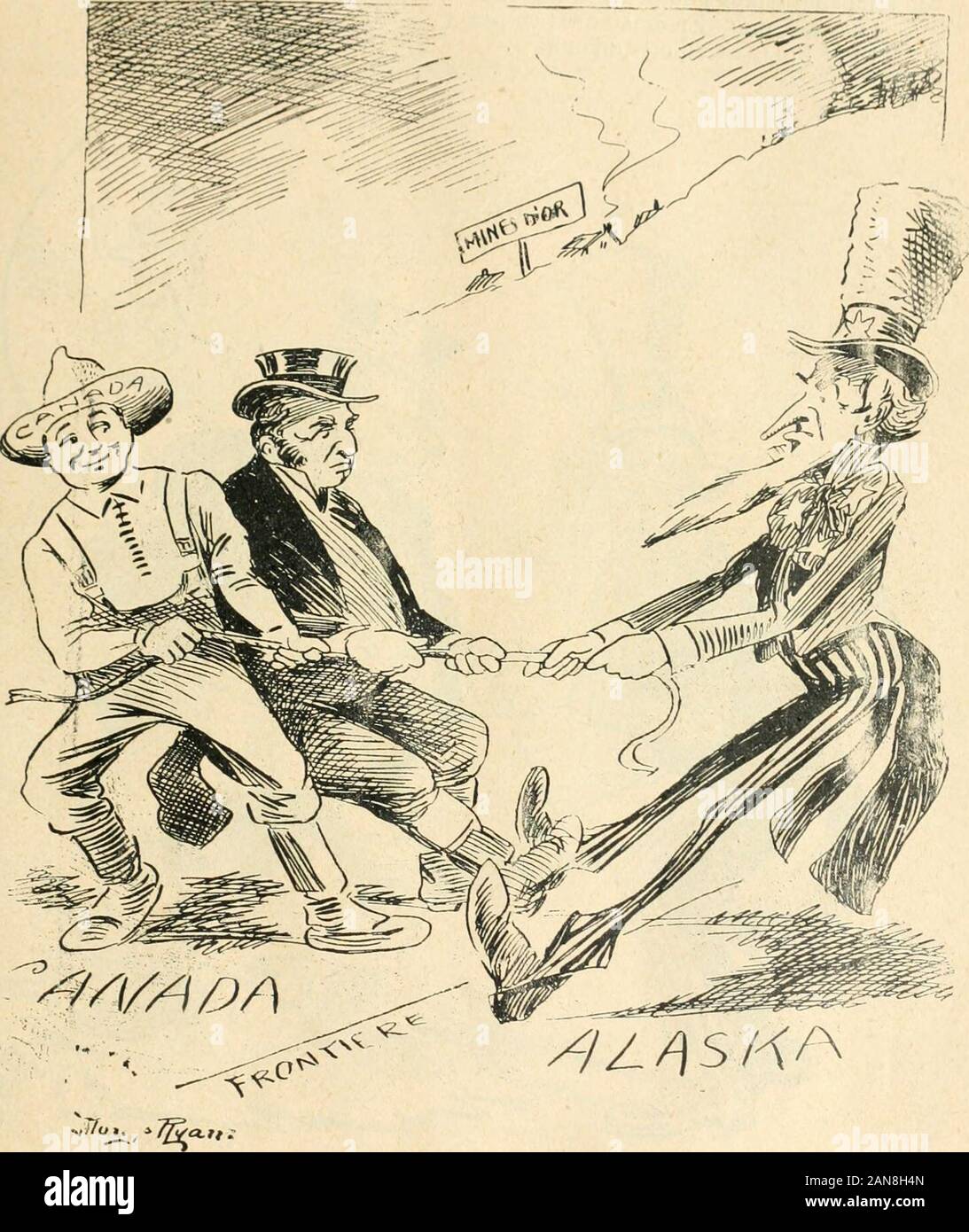 Caricature politique au Canada = Free lance political caricature in Canada . THE GRAB-ALL. Uncle Sam. —See hère young feller. — Dont get excited, I need the money, andI aint afraid of yer parents ! FRIÎE LANCK CARICATURK 35 ART3ITRAOE. BapUste.-Tiens bon. John Bull, et n 01 s lentrainerons jusquà La Haye. g7^.V^Ti. m/^o/ X/Z / s K A JTJDICIAL ARBITRATIOjST. Johnny Canuck -Hang- on John.-and we wlll pull Wm from herc to the Hague ! 36 CARICATURE POLITIQUE Consummatum est Oncle Sam.—Adieu, John. John Bull.—Non pas adieu, mais au revoir. Surtout noubliez pas de venirde temps en temps goûter de Stock Photo