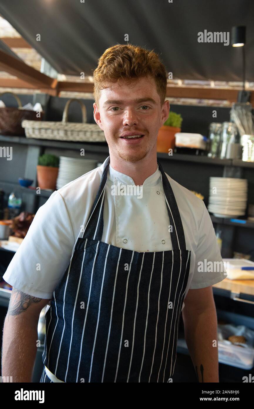 The Crown Pub in Bray, Berkshire, UK. 31st March, 2017.  Heston Blumenthal's son Chef Jack Blumenthal at work. Credit: Maureen McLean/Alamy Stock Photo