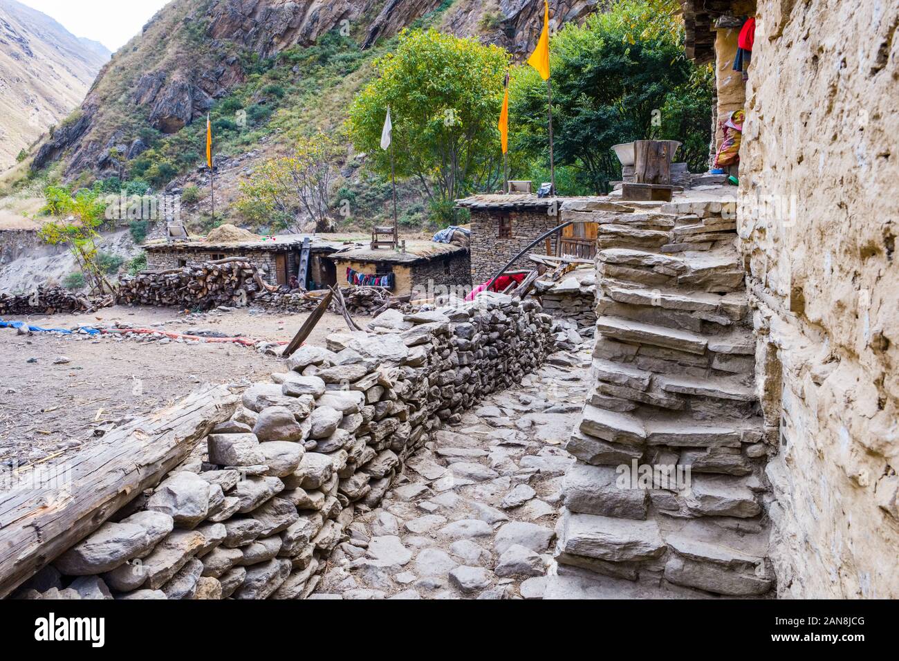 traditional stone built houses in an ethnically Tibetan village in Dolpo, Nepal Stock Photo