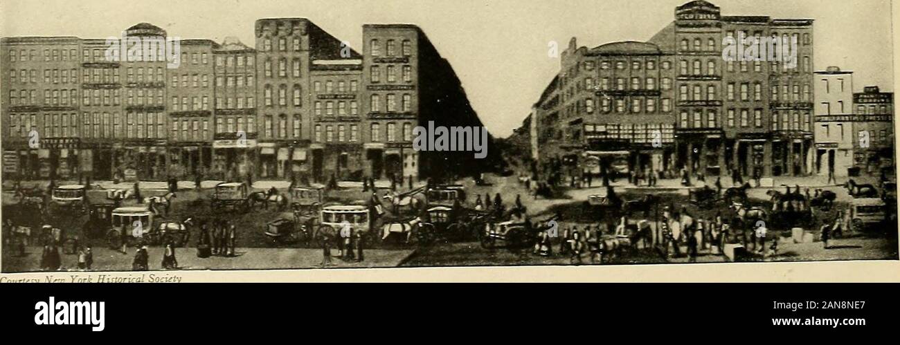 Old New York yesterday & today . THE GREAT FiRE of ? iiimMiiny ?? k£JlB,&B„1?55. jTitiiii (Lhs OirEat JFute of 1S35 * very rare and interesting picture of tlie Great Fire of 1835, in which the main business portion of the cirv- east ot Broadway and southof Willi Street was practicallv destroved with a loss of over thirty millions of dollars. In less than a year, however, the  burnt district wasentirely rebuilt. The fisxires in the forearound were of eminent merchants of the day who were among the volunteer firemen who helpedsave the cirv. The sendeman running up the steps, w-ished, if possibl Stock Photo