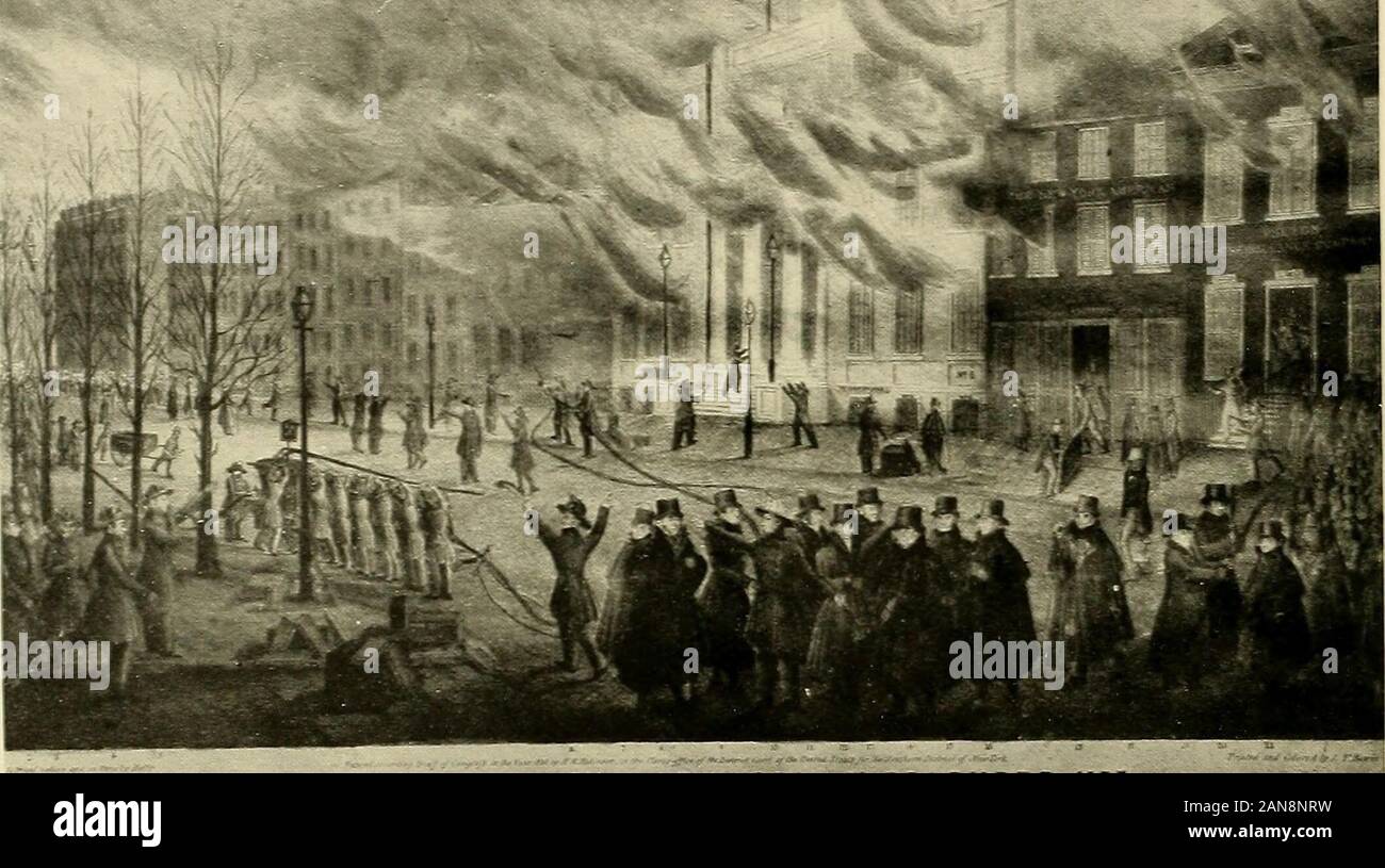 Old New York yesterday & today . aiall ^tr«t about 1815 From the Sub-Treasury, looking east. From a contemporary drawing. f. THE GREAT FiRE of ? iiimMiiny ?? k£JlB,&B„1?55. jTitiiii (Lhs OirEat JFute of 1S35 * very rare and interesting picture of tlie Great Fire of 1835, in which the main business portion of the cirv- east ot Broadway and southof Willi Street was practicallv destroved with a loss of over thirty millions of dollars. In less than a year, however, the  burnt district wasentirely rebuilt. The fisxires in the forearound were of eminent merchants of the day who were among the volun Stock Photo