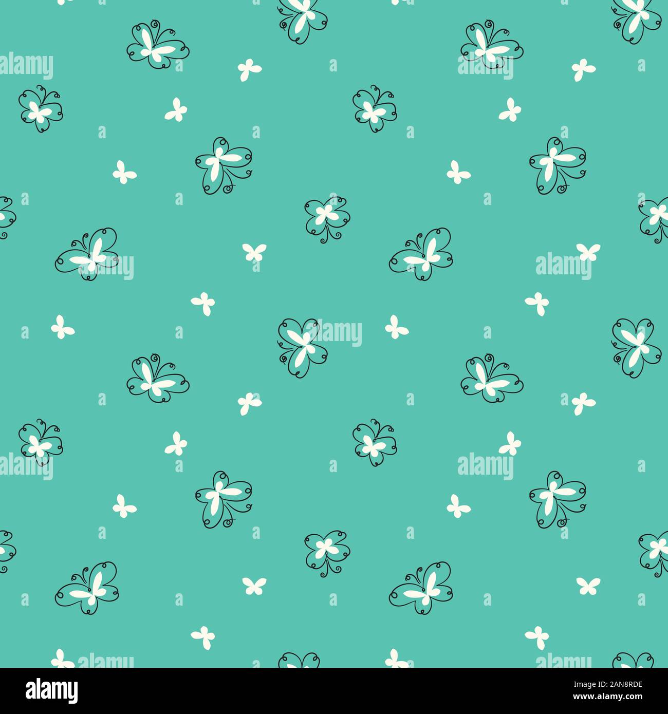 simple doodle butterflies seamless vector pattern on mint background Stock Vector