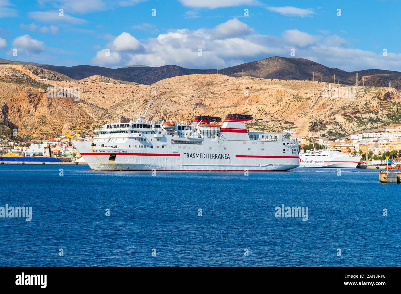 Trasmediterranea, Trans Mediterranean passenger ferry cargo ship, almeria - melilla, leaving almeria port, spain Stock Photo