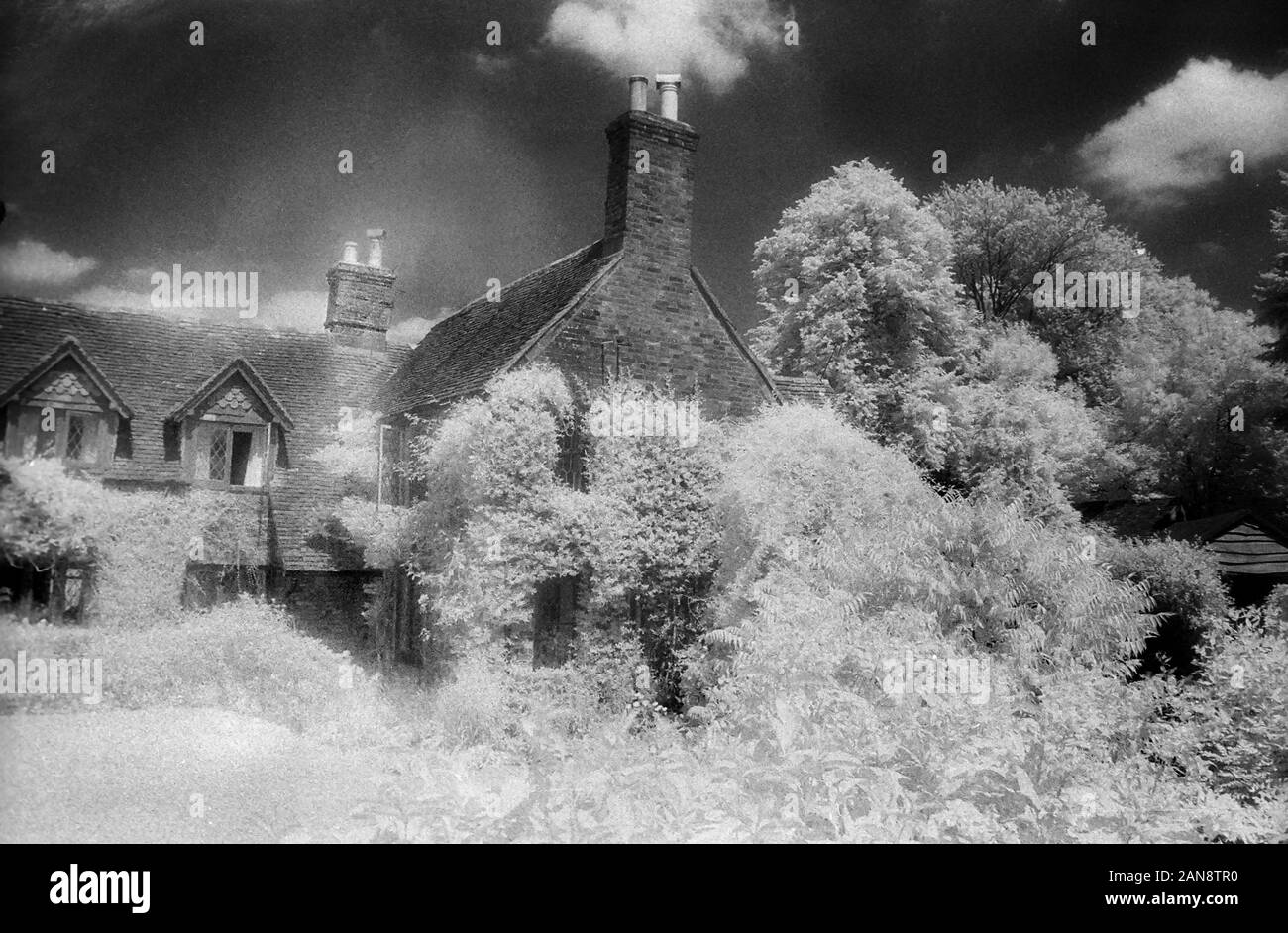 Old house, Merepond Lane, Privett, Hampshire, England, UK.  Black and white infra-red filmstock, with its characteristic prominent grain structure, high-contrast and glowing bright foliage. Stock Photo