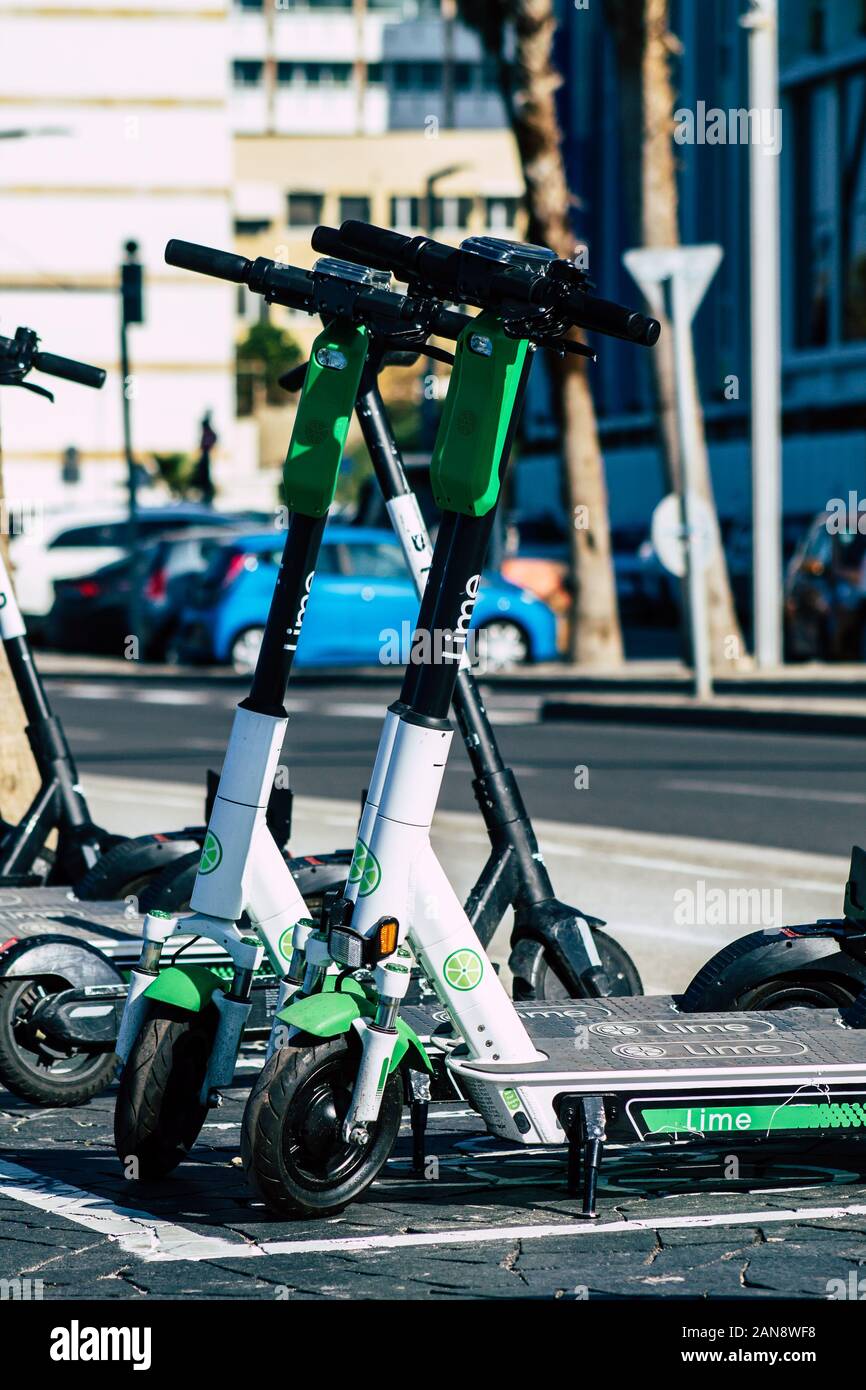 Tel Aviv Israel January 11, 2020 View of a Lime brand electric scooter