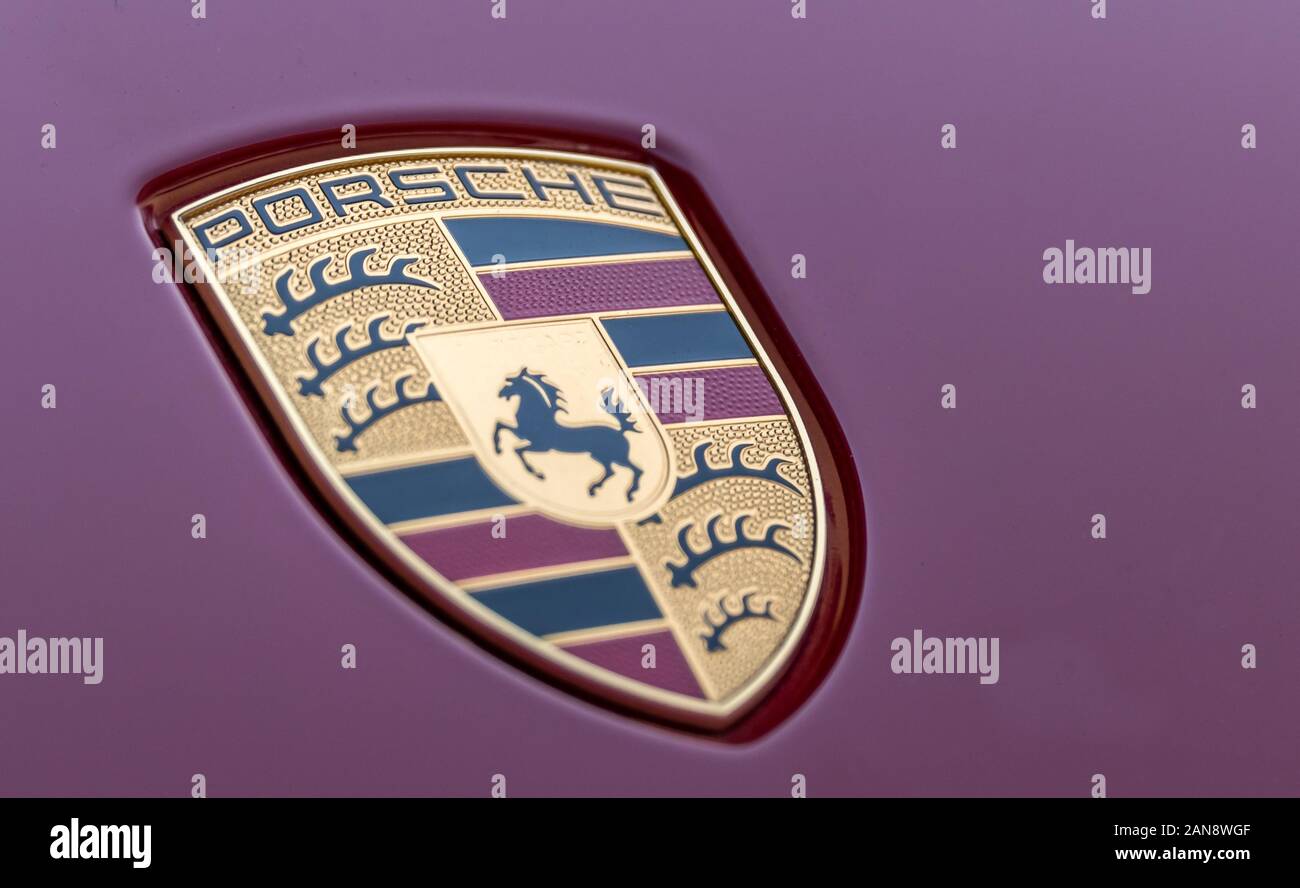 Porsche logo on hood Stock Photo