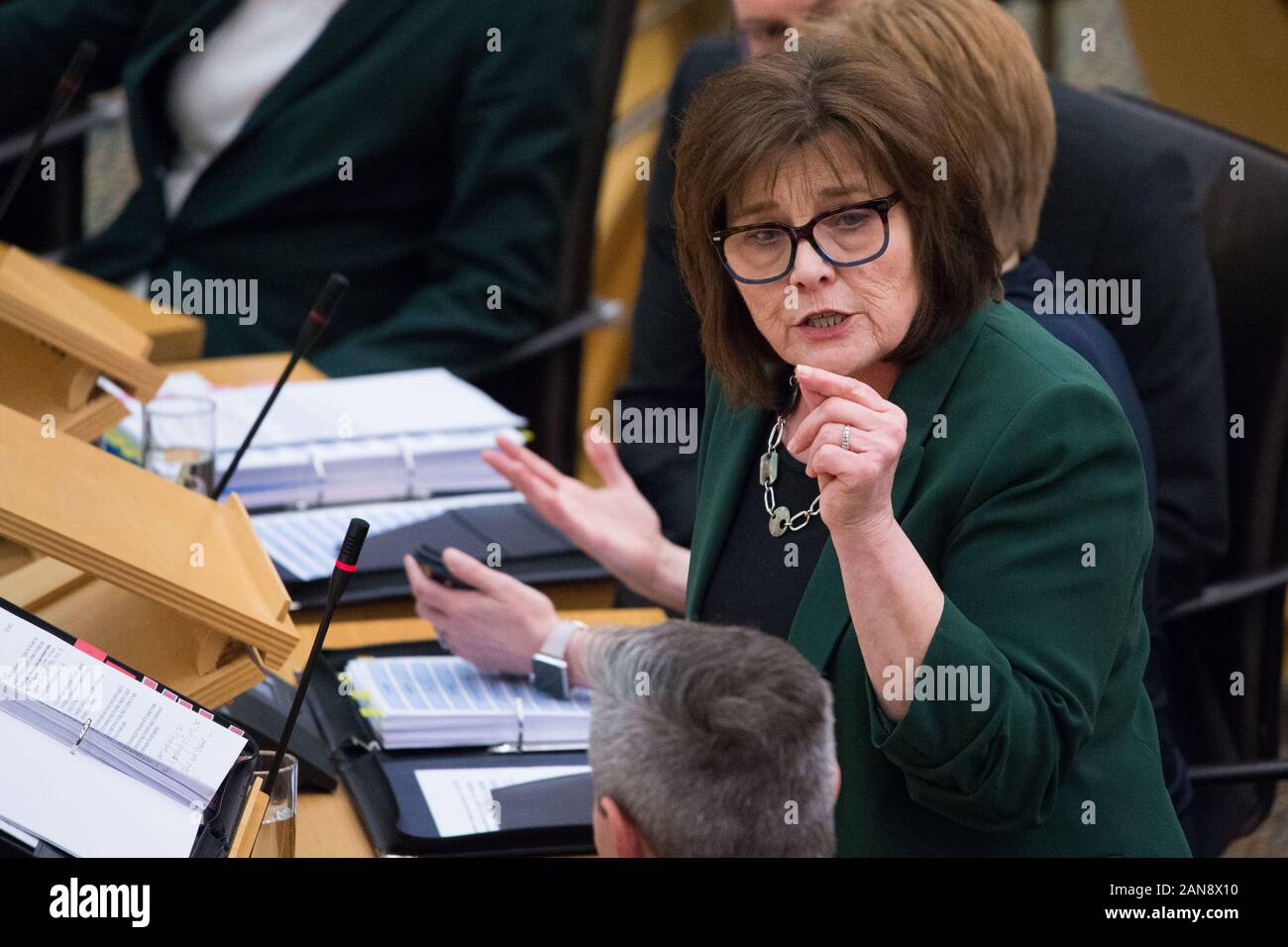 Edinburgh, UK. 16th Jan, 2020. Pictured: Jeane Freeman MSP - Cabinet Minister for Health and Sport. General questions in the chamber of the Scottish Parliament before the start of First Ministers Questions. Credit: Colin Fisher/Alamy Live News Stock Photo
