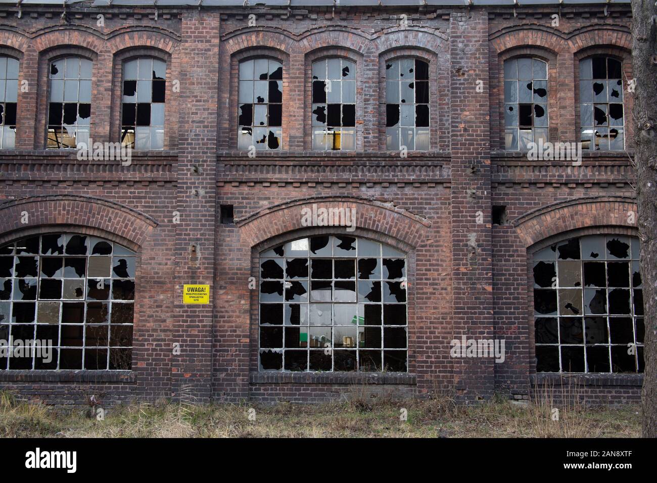 Disused buildings with broken windows in Gdansk shipyard - Stocznia ...