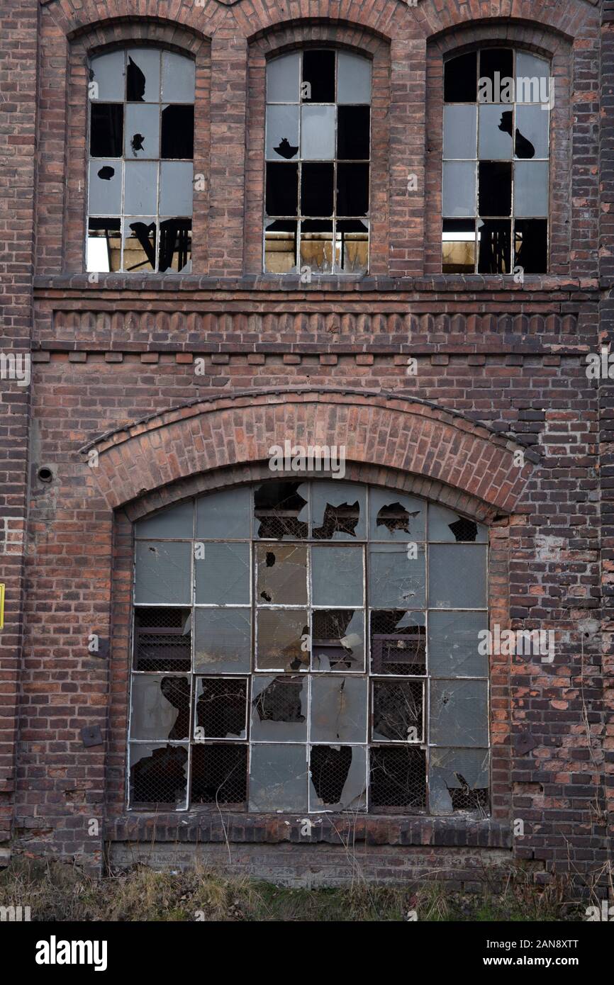 Disused buildings with broken windows in Gdansk shipyard - Stocznia ...