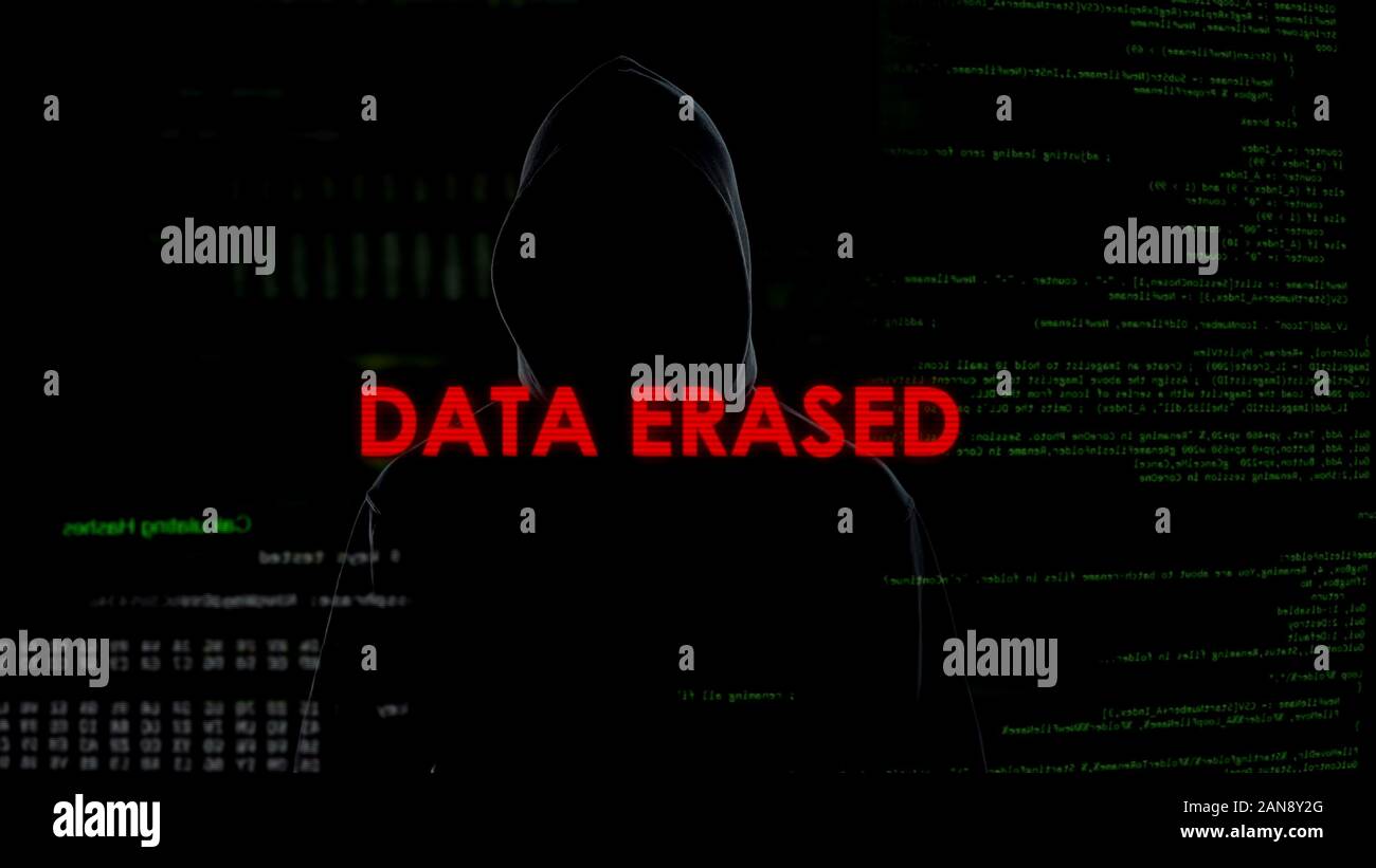 Data erased, unsuccessful attempt to hack server, criminal on codes background Stock Photo