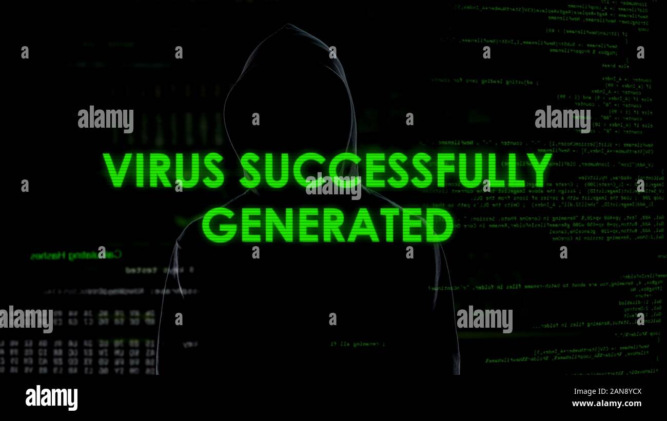 Virus successfully generated, man in black launching malware, secret data attack Stock Photo