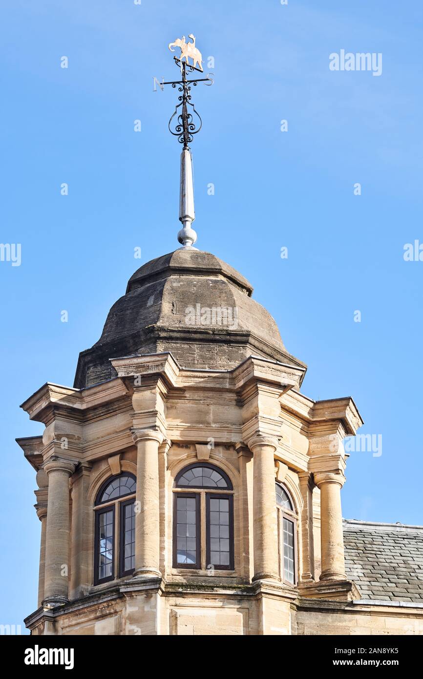 Weather vane topped by an elephant image on the cupola at the formerly indian Institute, now Hertford college, university of Oxford, England. Stock Photo