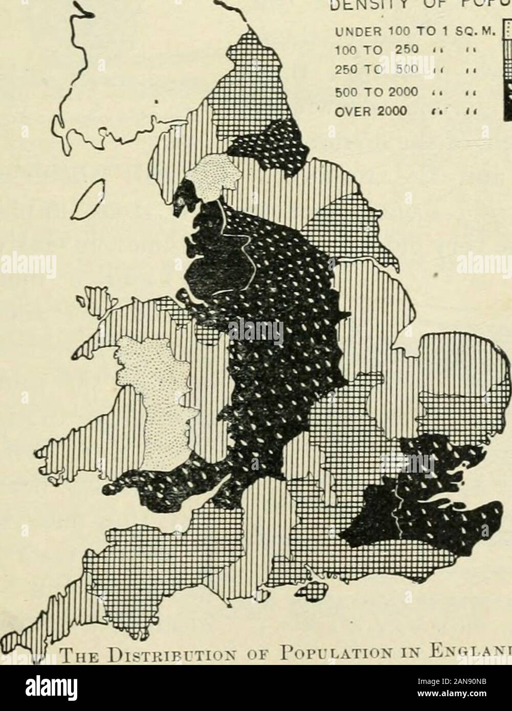 The British nation a history / by George MWrong . 1901 DENSITY OF POPULATION UNDER 100 TO 1 SQ100 TO 250 i&gt;250 TO 500 I .500 TO 2000 ..OVER 2000 11. sLTiox OK Population in Exglaxd befoke AND AFTER THE DEVELOPMENT OF MaNCFACTUKING INDUSTRY. THE BlilTISU NATION hunters, similar iu type to the Eskimos of Greenland,The game of their time included the reindeer and themoose-ox, the ele-phant, the mam-moth, and the lion.These x&gt;eople livedand at first had wit Questions ofrace: &lt;li ThePalseolithio[^ culture. ^y m caves, S to use only such implements as the clubs and stones which Stock Photo