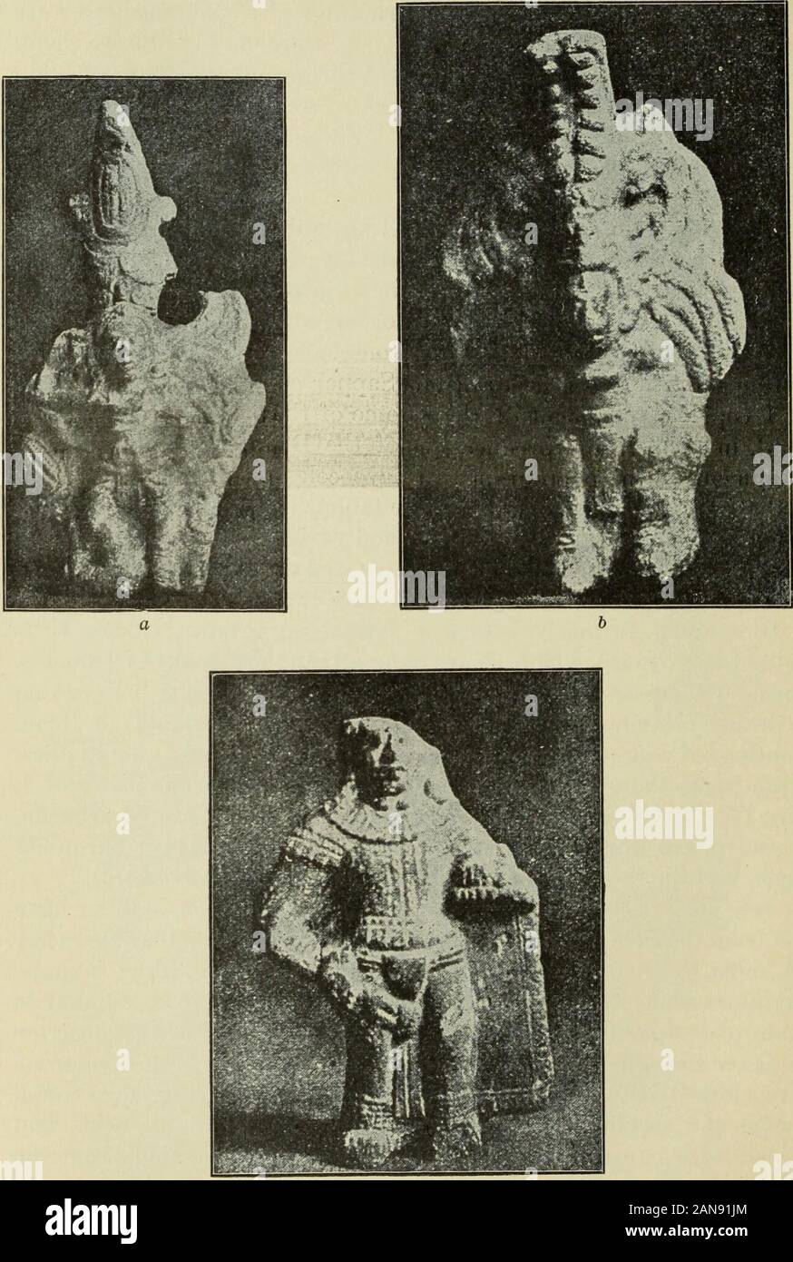 Mexican and Central American antiquities, calendar systems, and history; . ome from the cave of Zabalam, near Coban, are of a peculiar character(^7, ^, and c, figure 21). The material is a brick-red clay, which is some-what more sandy than in the fragments described before, painted incertain places partly light-blue and partly white. The whole construc-tion has something reniarkably modern about it; the first, shows afigure clothed with a maxtlatl and a loin cloth, wearing large roundear pegs and a cylindric stone bead on a cord around the neck, andadorned with great winglike feather ornaments Stock Photo
