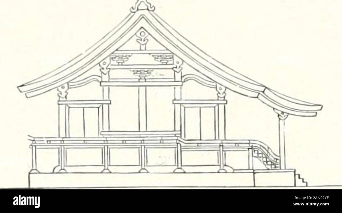 Die Architektur der Kultbauten Japans . Seitenansicht. t drikawa Grundriß.Abb. 250. Yasaka-Tempel iu Kioto. dehnung als die Front des Hauptbaues; wenn dieser z. B, fünf-teilig ist, so hat das Kohai nur eine oder drei Teilungen.Ein Beispiel dieses Stils ist das Gion no Yashiro oderder Haupttempel von Yasaka in Kioto, Yasaka-jinja, imGrundriß und in der Seitenansicht durch Abb. 250 dargestellt.Der heutige Bau, angeblich im Oktober 1290 (3. Jahr Sho-ö)vollendet, zeigt im Mittelbau sieben Teilungen an allen vier 240. Seitenansicht. Seiten, und an der Vorder- und Rückseite je ein dreiteiligesKohai Stock Photo