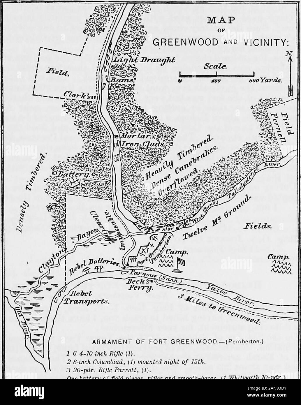 The war of the rebellion: a compilation of the official records of the Union and Confederate armies . within about 1,100 yards of the fort was opened upon by a rifle32 pounder and several smaller pieces. One shot took effect near theright-hand corner of the square turret, bending and denting the plateupon which it took effect, about 4 inches from the plane of its originalposition, and knocking the 9-inch pine backing into fragments. On the afternoon of this day, both the Chillicothe and De Kalb moveddown to the attack, but, having approached no nearer than 900 or 1,000yards, their shots had pr Stock Photo