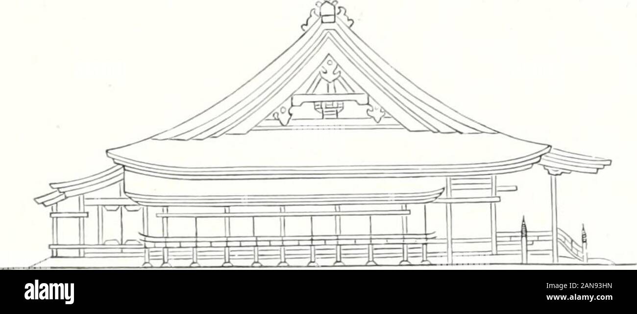 Die Architektur der Kultbauten Japans . he Benennung ist. In gleicher Weiseübernahm so auch die schintoistische Architektur viele Ele-mente rein buddhistischen Ursprungs. Schinto-Tempel des Garanstils. Wie sich aus derim vorstehenden angedeuteten geschichtlichen Entwicklung ohneweiteres erklärt, zeigt der Tempel des schintoistischen Garan-stils in Plangestalt und Aufriß viel Ähnlichkeit mit den bud-dhistischen Tempeln. Die Vorder- und Rückseite hat meistfünf, sieben oder neun Teilungen. Auch in den Einzelheitendes Ornaments herrscht große Ähnlichkeit mit der rein bud-dhistischen Bauart. Eigena Stock Photo