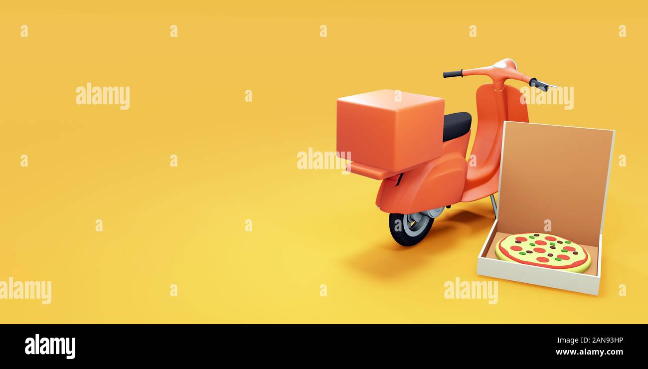 Pizza delivery scooter and pizza box. 3d render Stock Photo Alamy