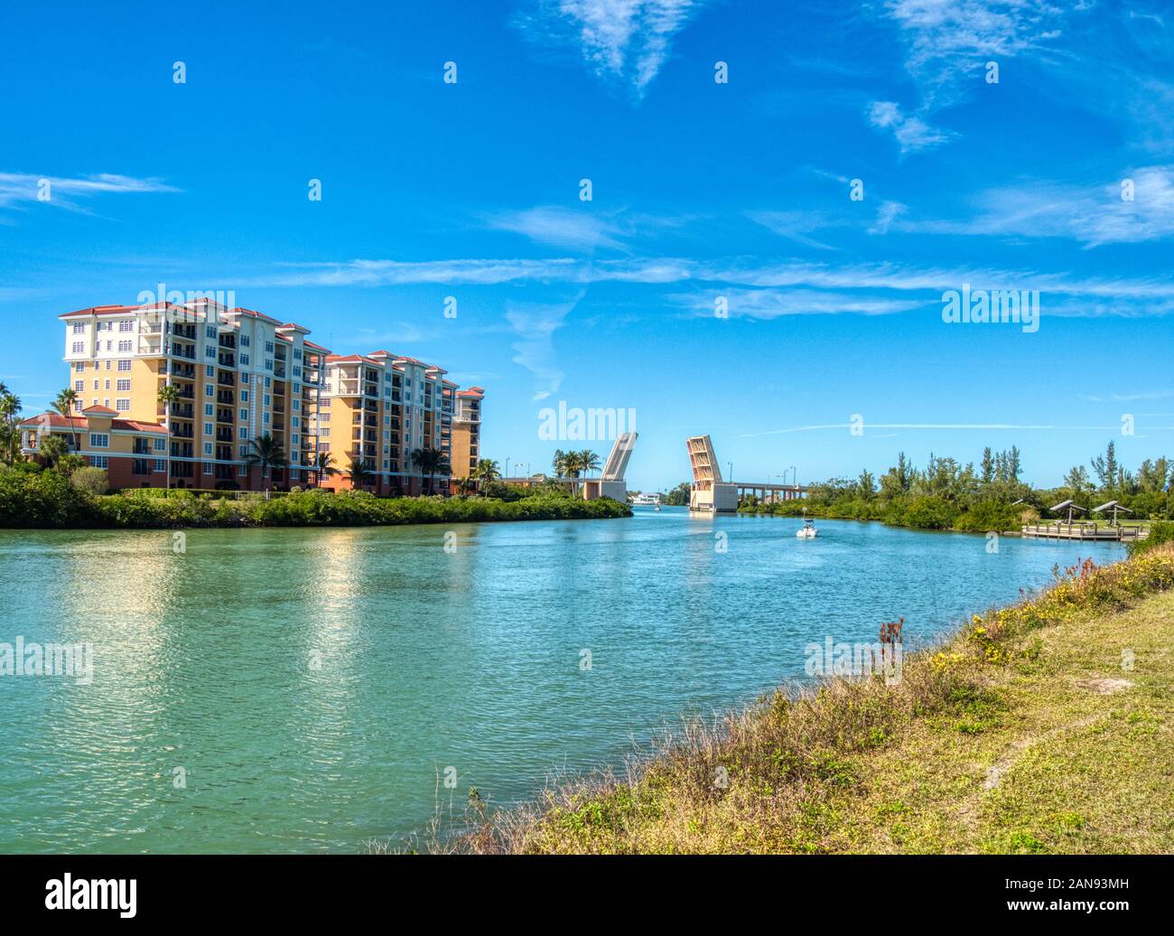 Gulf Intracoastal Waterway with lift bridge up in Venice Florida, United States Stock Photo