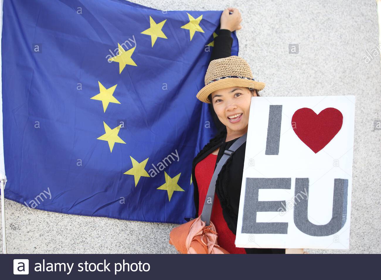 A participant at a pro-Remain rally in London at the weekend as anti-Brexit feelings run high. Stock Photo