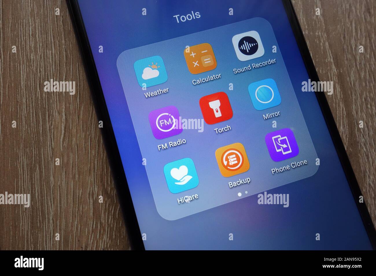 Tools icons including HiCare, Weather, Calculator, Torch on a modern Huawei  Y6 2018 smartphone Stock Photo - Alamy