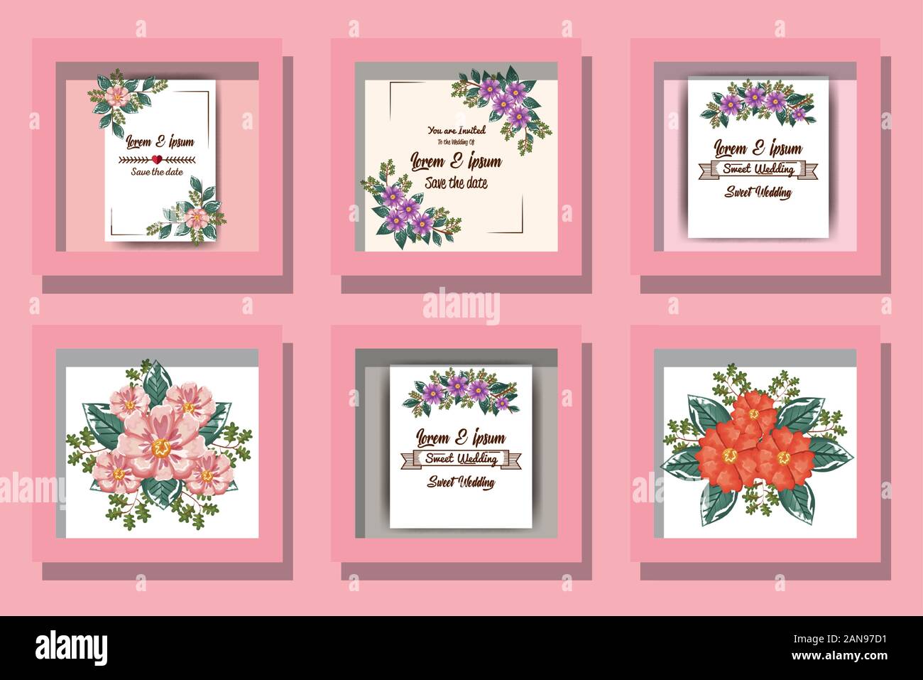 Spring flowers and leaves set over pink background vector design Stock ...