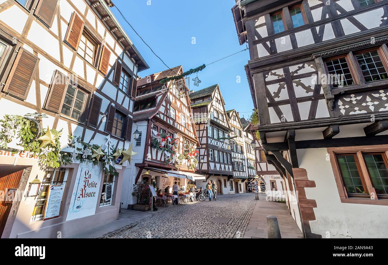 Strasbourg, France - december 1,2019: Traditional half-timbered houses in La Petite France, Strasbourg, Alsace, France Stock Photo