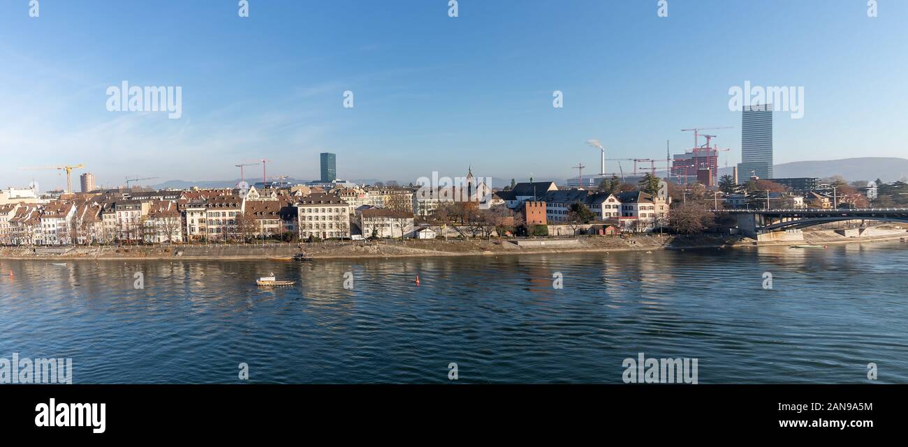 View of the old town of Basel, Switzerland with the River Rhine and the historic buildings Stock Photo