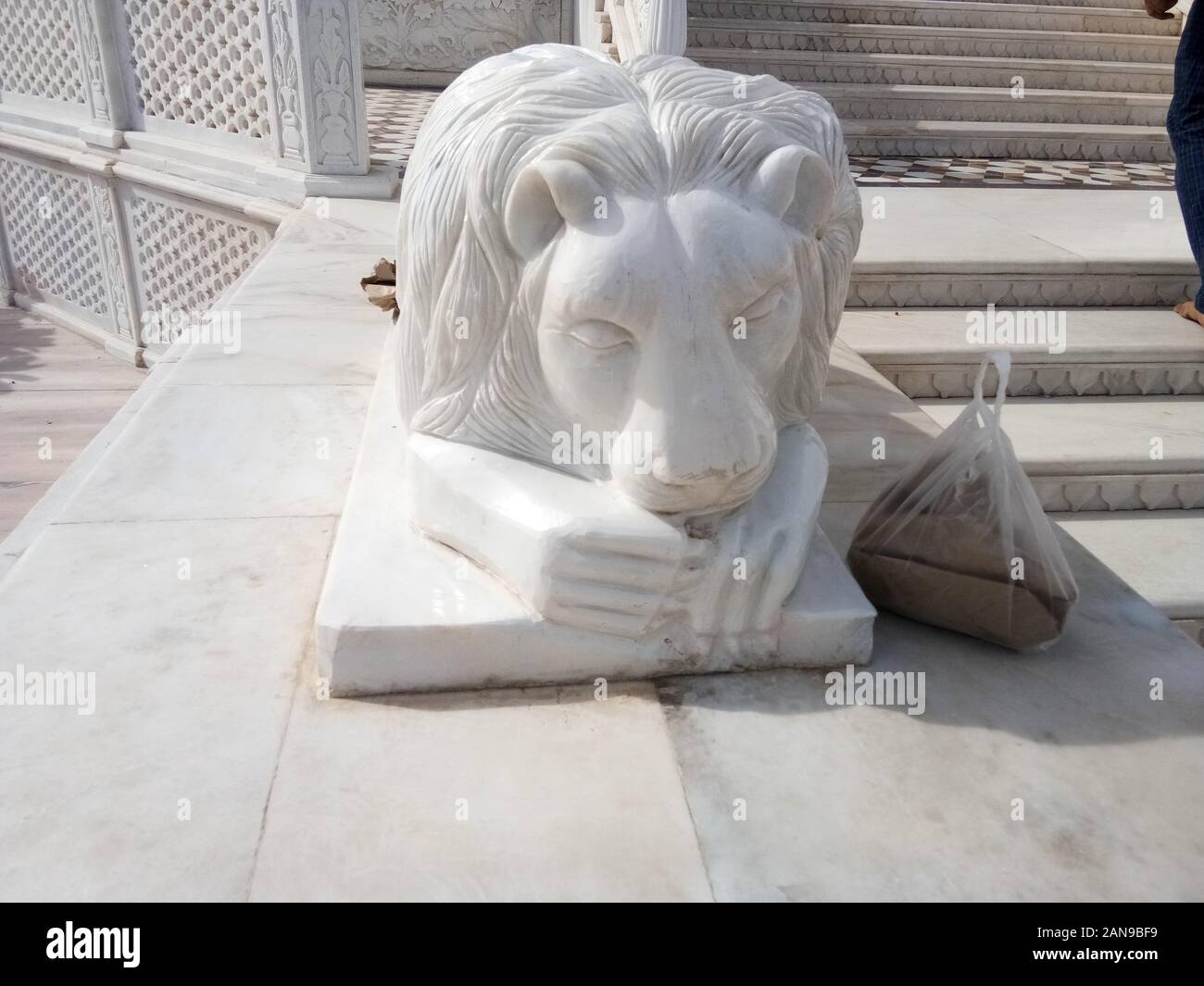 A statue of a sleeping lion in the temple of Karni Mata Stock Photo