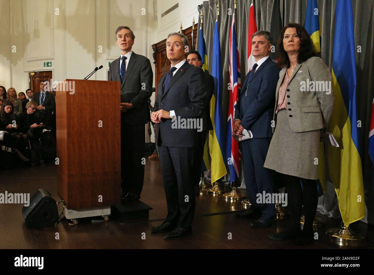 (Left to right) Dr Andrew Murrison, Minister for the Middle East and North Africa, Francois-Philippe Champagne, Canadian Minister of Foreign Affairs, and Idrees Zaman, Acting Foreign Minister for Afghanistan, Vadym Prystaiko, Ukrainian Minister of Foreign Affairs, and Ann Linde, Swedish Minister of Foreign Affairs, during a meeting of the International Coordination and Response Group for the families of the victims of the Ukrainian International Airlines flight that crashed in Iran, at the High Commission of Canada in London. Stock Photo