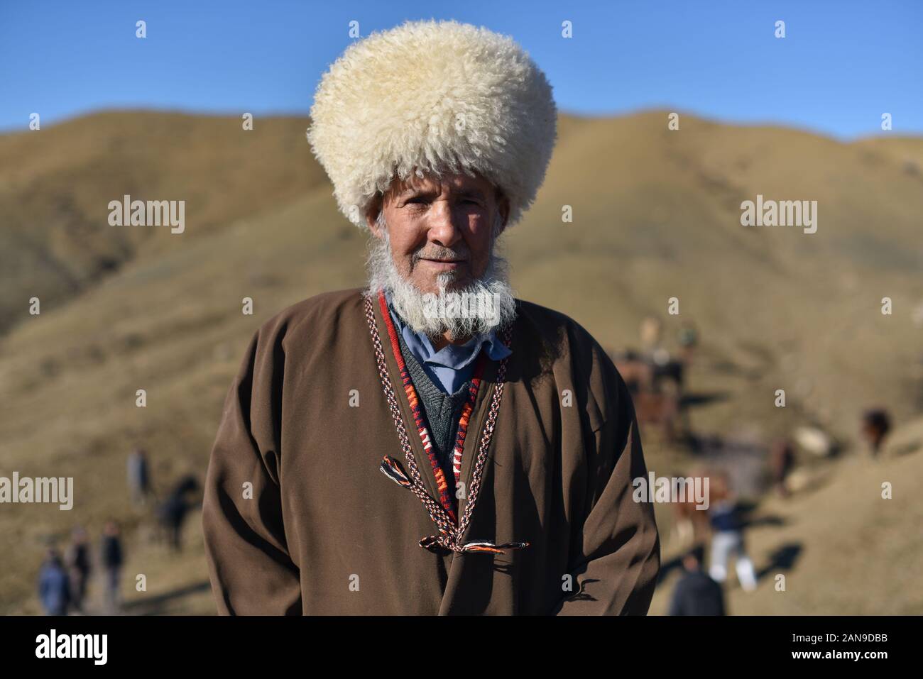 A Turkmen man wearing traditional Turkmen's costume in Raz-and-Jargalan region. Iran, Northern Khorasan Province. Stock Photo