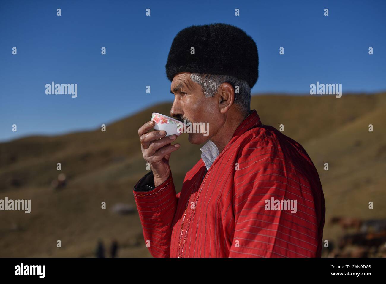 A Turkmen man wearing traditional Turkmen's costume in Raz-and-Jargalan region. Iran, Northern Khorasan Province. Stock Photo